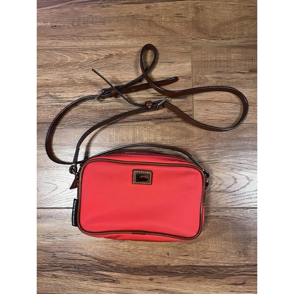 Dooney & Bourke Red Small Shoulder Bag - Brown Leather Trim Zip Logo Key Holder